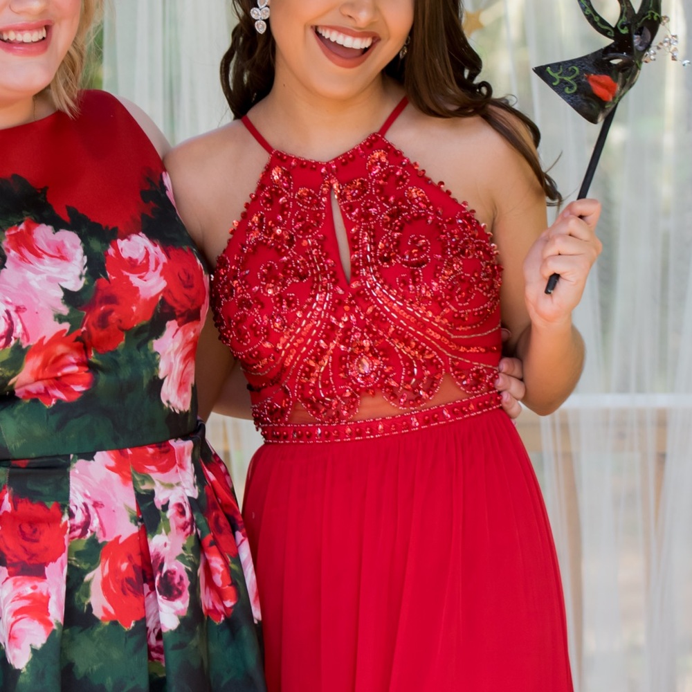 Red Beaded Mesh Halter Gown